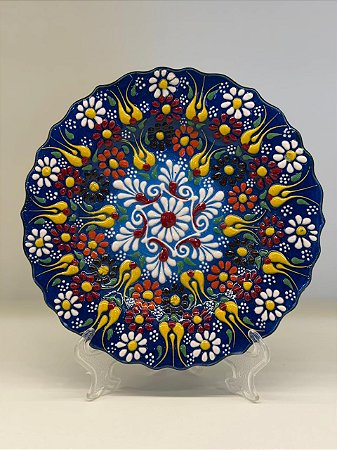 Prato de Parede Pequeno - Turquia - Decorativo - Cerâmica - Alto Relevo - Azul e Colorido
