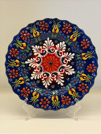 Prato de Parede Pequeno - Turquia - Decorativo - Cerâmica - Alto Relevo - Azul Escuro e Colorido