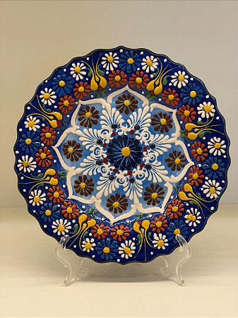 Prato de Parede Pequeno - Turquia - Decorativo - Cerâmica - Alto Relevo - Azul Escuro e Colorido