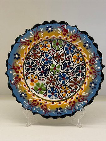 Prato de Parede Pequeno - Turquia - Decorativo - Cerâmica - Alto Relevo - Azul, Amarelo e Colorido