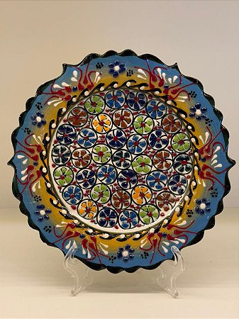 Prato de Parede Pequeno - Turquia - Decorativo - Cerâmica - Alto Relevo - Azul, Amarelo e Colorido