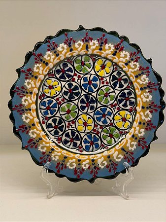 Prato de Parede Pequeno - Turquia - Decorativo - Cerâmica - Alto Relevo - Azul, Amarelo e Colorido