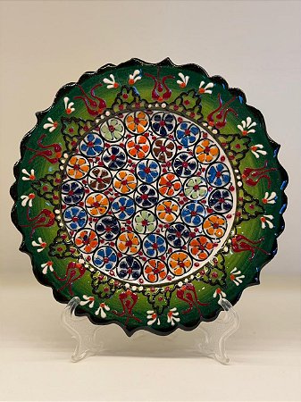 Prato de Parede Pequeno - Turquia - Decorativo - Cerâmica - Alto Relevo - Verde e Colorido