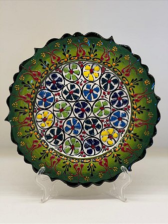 Prato de Parede Pequeno - Turquia - Decorativo - Cerâmica - Alto Relevo - Verde e Colorido