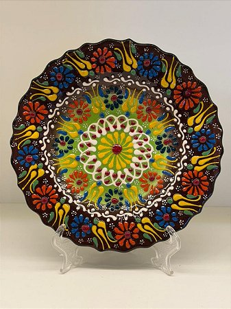 Prato de Parede Pequeno - Turquia - Decorativo - Cerâmica - Alto Relevo - Marrom, Verde e Colorido