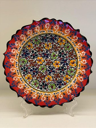 Prato de Parede Pequeno - Turquia - Decorativo - Cerâmica - Alto Relevo - Laranja e Colorido
