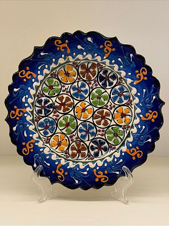 Prato de Parede Pequeno - Turquia - Decorativo - Cerâmica - Alto Relevo - Azul e Colorido