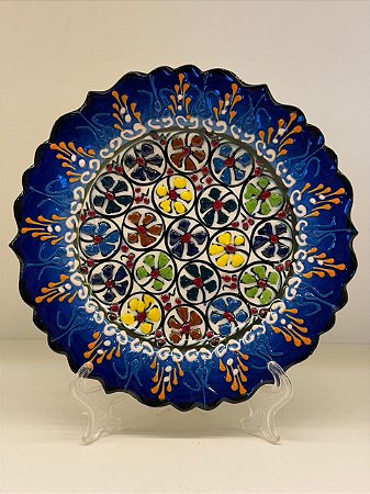 Prato de Parede Pequeno - Turquia - Decorativo - Cerâmica - Alto Relevo - Azul e Colorido