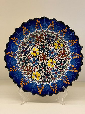 Prato de Parede Pequeno - Turquia - Decorativo - Cerâmica - Alto Relevo - Azul e Colorido
