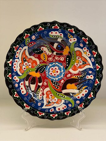 Prato de Parede Pequeno - Turquia - Decorativo - Cerâmica - Alto Relevo - Azul Escuro e Colorido