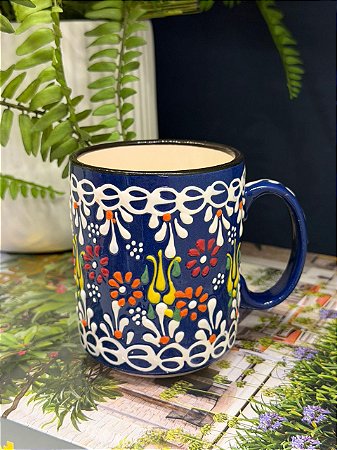 Caneca Turca - Cerâmica - Pintada à mão - Azul Escuro e Colorido