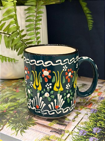 Caneca Turca - Cerâmica - Pintada à mão - Verde Escuro e Colorido