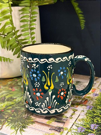 Caneca Turca - Cerâmica - Pintada à mão - Verde Escuro e Colorido