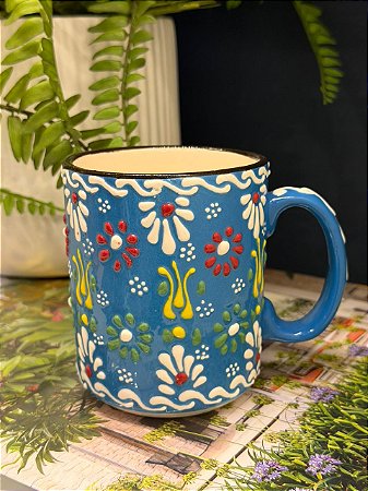 Caneca Turca - Cerâmica - Pintada à mão - Azul Claro e Colorido
