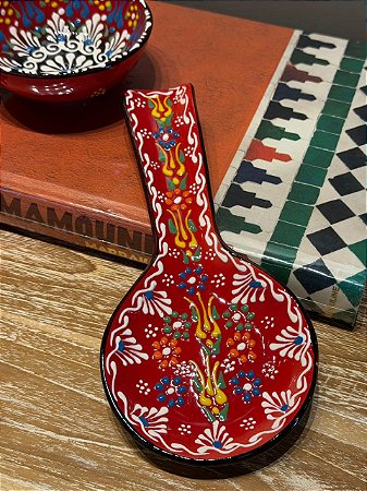 Descanso de Colher - Turco - Cerâmica - Vermelho e Colorido