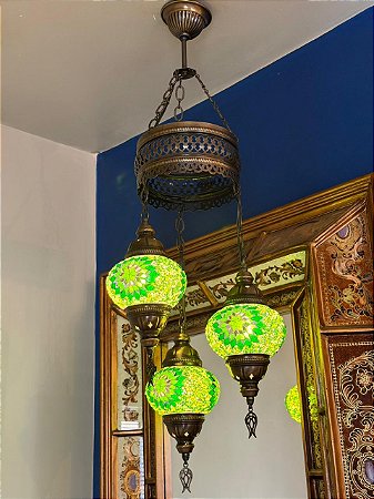 Luminária de Teto Turca 3 Globos Média Verde