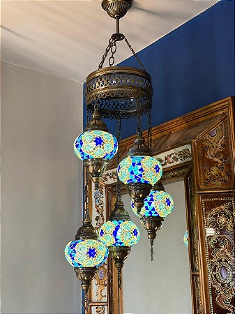 Luminária de Teto Turca 5 Globos Média Azul