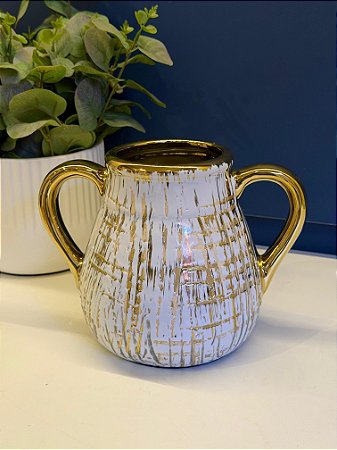 Vaso Cerâmica Branco e Dourado 16cm