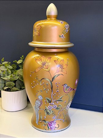 Potiche - Cerâmica - Dourado e Colorido - Flores - 59CM