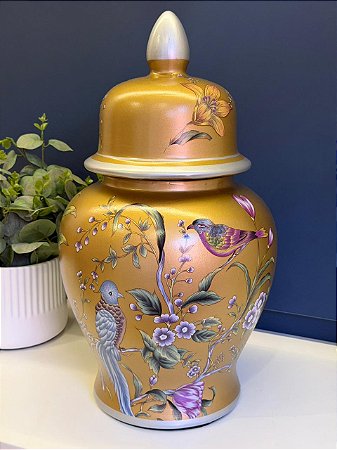 Potiche - Cerâmica - Dourado e Colorido - Flores - 45CM