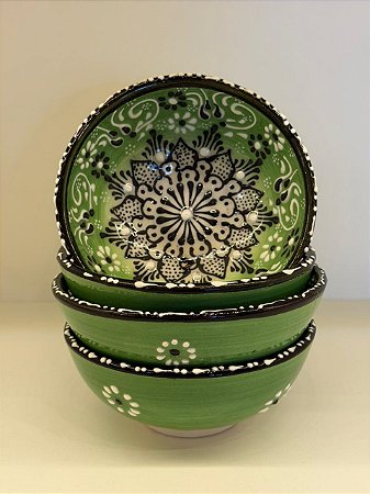 Bowl - Cerâmica - Turquia - Pintura Alto Relevo - Tamanho Médio - Verde Claro