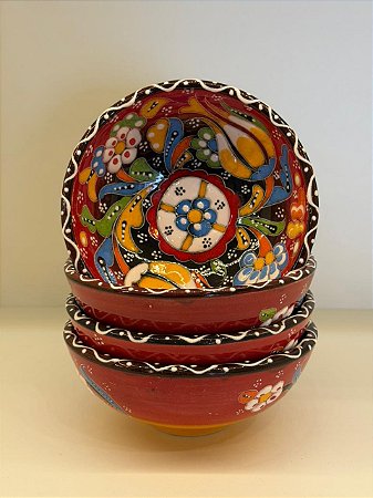 Bowl - Cerâmica - Turquia - Relevo - Tamanho Médio - Vermelho e Colorido