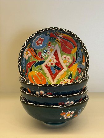 Bowl - Cerâmica - Turquia - Relevo - Tamanho Médio - Verde Escuro e Colorido