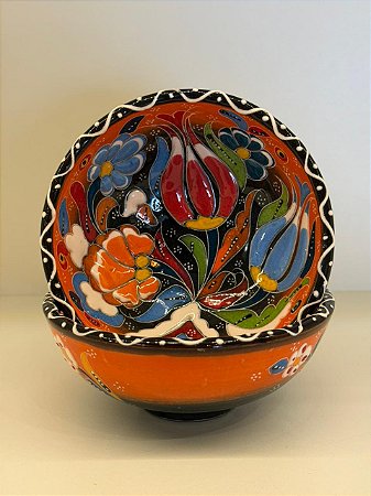 Bowl - Cerâmica - Turquia - Relevo - Tamanho Médio - Laranja e Colorido