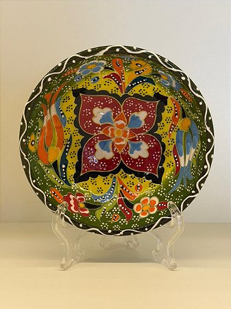 Bowl - Cerâmica - Turquia - Relevo - Tamanho Médio - Verde e Colorido