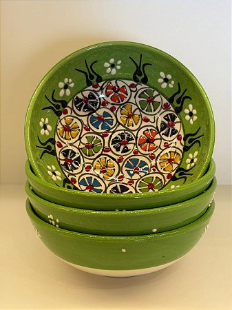 Bowl - Cerâmica - Turquia - Pintura Alto Relevo - Tamanho Grande - Verde Claro e Colorido