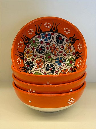 Bowl - Cerâmica - Turquia - Pintura Alto Relevo - Tamanho Grande - Laranja e Colorido