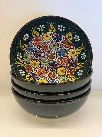 Bowl - Cerâmica - Turquia - Pintura Alto Relevo - Tamanho Grande - Verde Escuro e Colorido