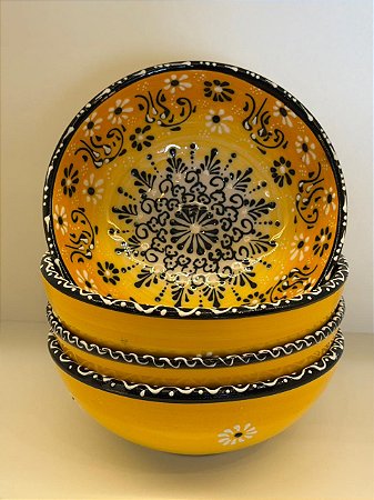 Bowl - Cerâmica - Turquia - Pintura Alto Relevo - Tamanho Grande - Amarelo
