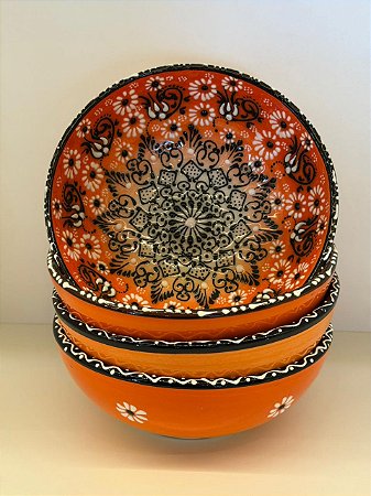 Bowl - Cerâmica - Turquia - Pintura Alto Relevo - Tamanho Grande - Laranja