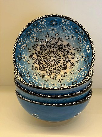 Bowl - Cerâmica - Turquia - Pintura Alto Relevo - Tamanho Grande - Azul Claro