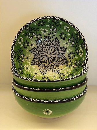 Bowl - Cerâmica - Turquia - Pintura Alto Relevo - Tamanho Grande - Verde Claro