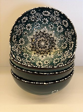 Bowl - Cerâmica - Turquia - Pintura Alto Relevo - Tamanho Grande - Verde Escuro