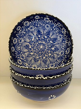 Bowl - Cerâmica - Turquia - Pintura Alto Relevo - Tamanho Grande - Azul Escuro