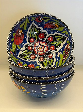 Bowl - Cerâmica - Turquia - Pintura Alto Relevo - Tamanho Grande - Azul e Colorido