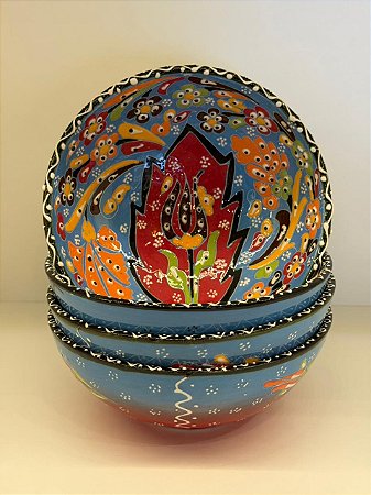 Bowl - Cerâmica - Turquia - Pintura Alto Relevo - Tamanho Grande - Azul Claro e Colorido