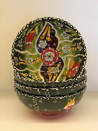Bowl - Cerâmica - Turquia - Pintura Alto Relevo - Tamanho Grande - Verde Escuro e Colorido