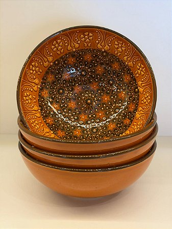 Bowl - Cerâmica - Turquia - Pintura Alto Relevo - Tamanho Grande - Caramelo