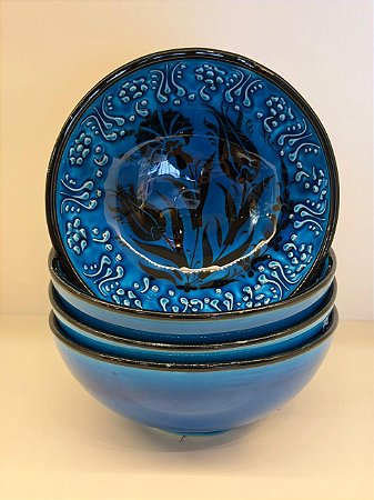 Bowl - Cerâmica - Turquia - Pintura Alto Relevo - Tamanho Grande - Azul Turquesa