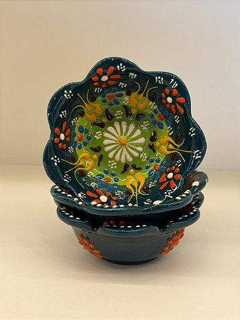 Bowl - Cerâmica - Turquia - Pintura Alto Relevo - Tamanho Pequeno - Verde Escuro e Colorido