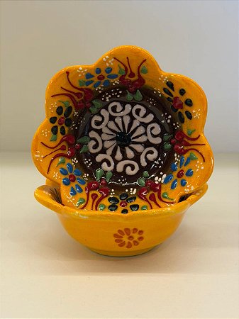 Bowl - Cerâmica - Turquia - Pintura Alto Relevo - Tamanho Pequeno - Amarelo e Colorido