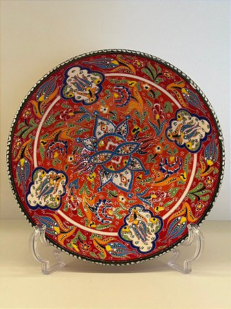 Saladeira - Cerâmica - Turquia - Pintura Relevo - Tamanho Pequeno - Vermelho, Laranja e Colorido