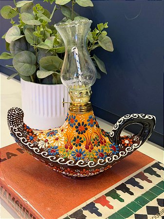 Lâmpada Mágica Turca - Decorativa - Cerâmica - Pintura Alto Relevo - Amarelo, Marrom e Colorido