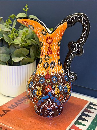 Jarra Decorativa Turca - Cerâmica - Pintura Alto Relevo - Amarelo, Marrom e Colorido