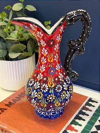 Jarra Decorativa Turca - Cerâmica - Pintura Alto Relevo - Vermelho, Azul e Colorido