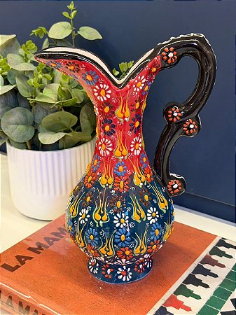 Jarra Decorativa Turca - Cerâmica - Pintura Alto Relevo - Vermelho, Verde e Colorido